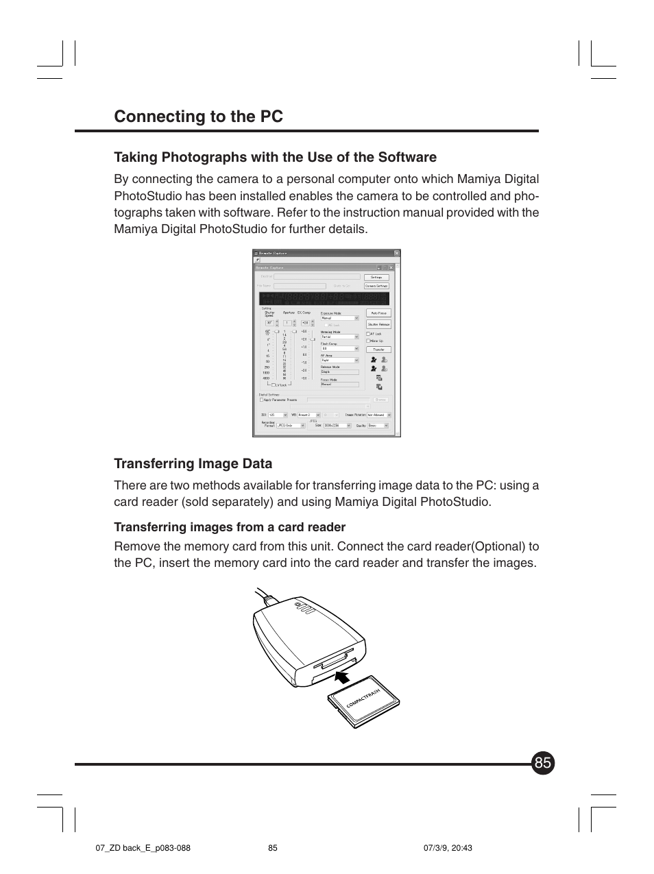 Connecting to the pc | Mamiya Digital Back DCUG1205N01 User Manual | Page 85 / 106