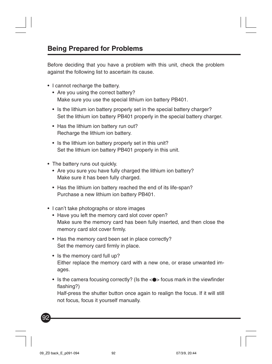 Being prepared for problems | Mamiya Digital Back DCUG1205N01 User Manual | Page 92 / 106