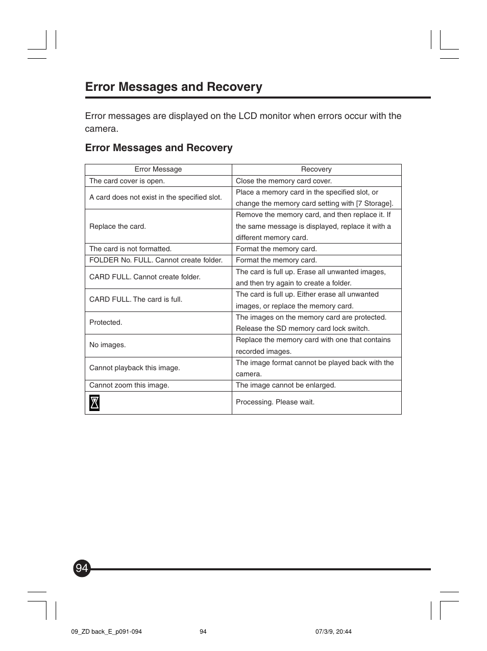 Error messages and recovery | Mamiya Digital Back DCUG1205N01 User Manual | Page 94 / 106
