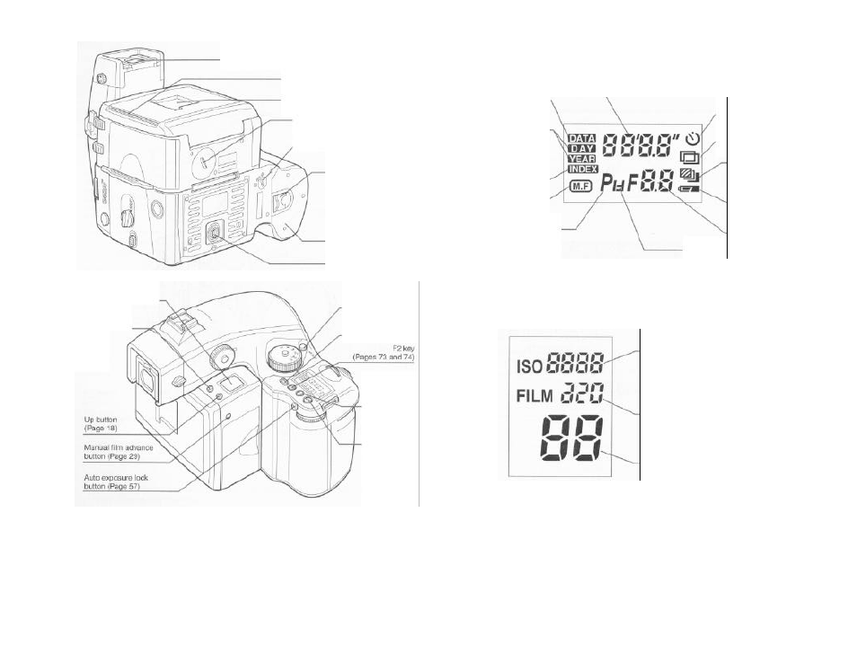 Back, bottom, top, Main liquid crystal display, Magazine lcd | Main liquid crystal display (lcd) | Mamiya 645 AF User Manual | Page 4 / 44