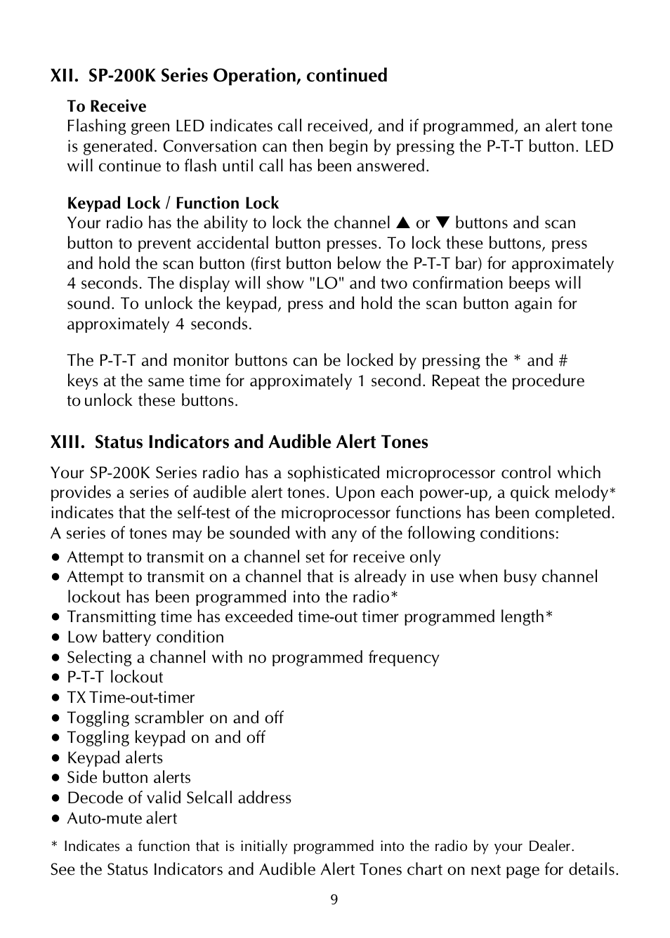 Xii. sp-200k series operation, continued, Xiii. status indicators and audible alert tones | Maxon Telecom SP-200K Series User Manual | Page 13 / 64