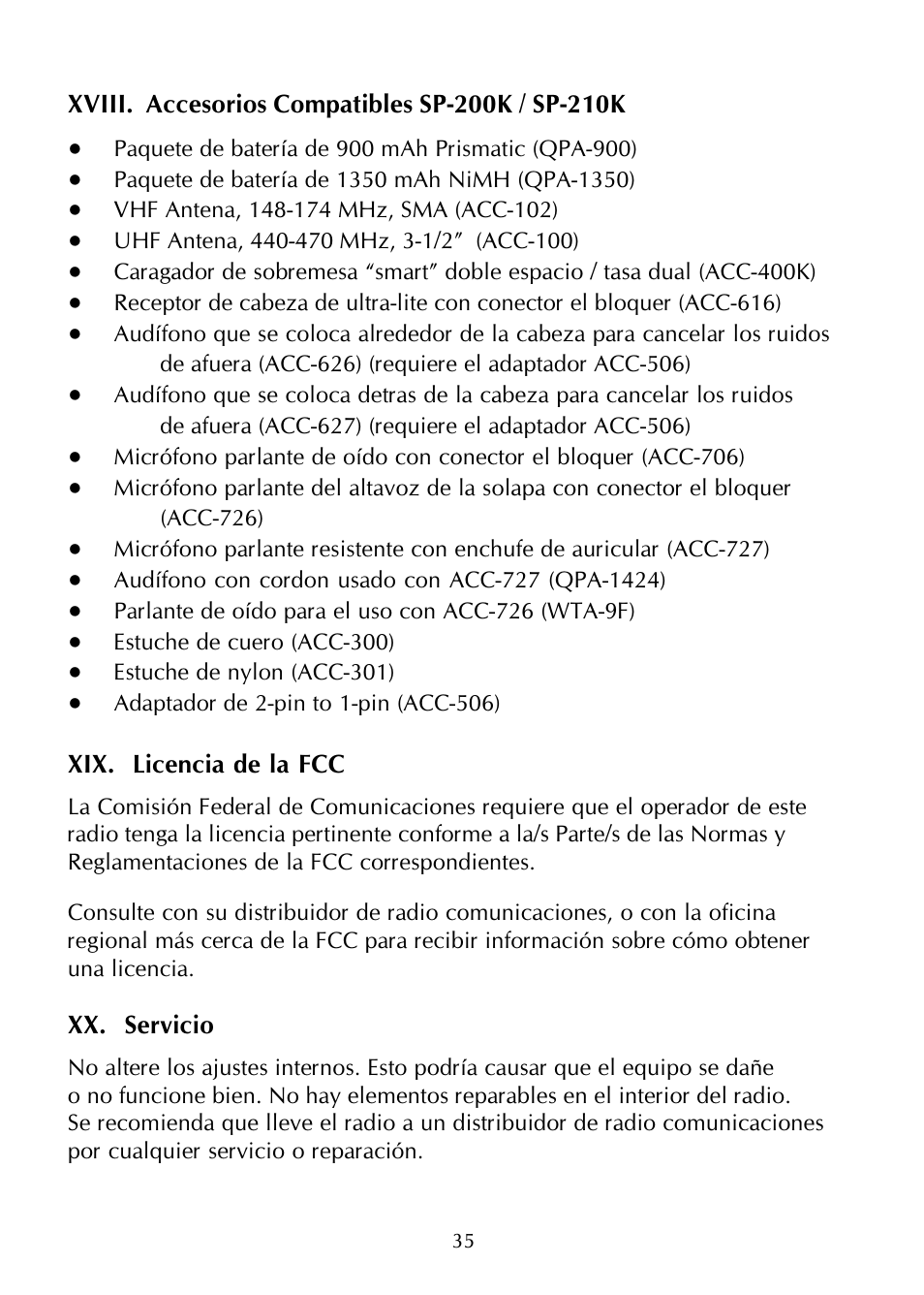 Xix. licencia de la fcc, Xx. servicio | Maxon Telecom SP-200K Series User Manual | Page 40 / 64