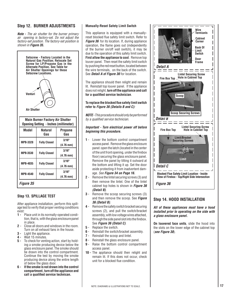 Step 12. burner adjustments, Step 14. hood installation | Maxon Telecom MPB3328CNE User Manual | Page 17 / 20