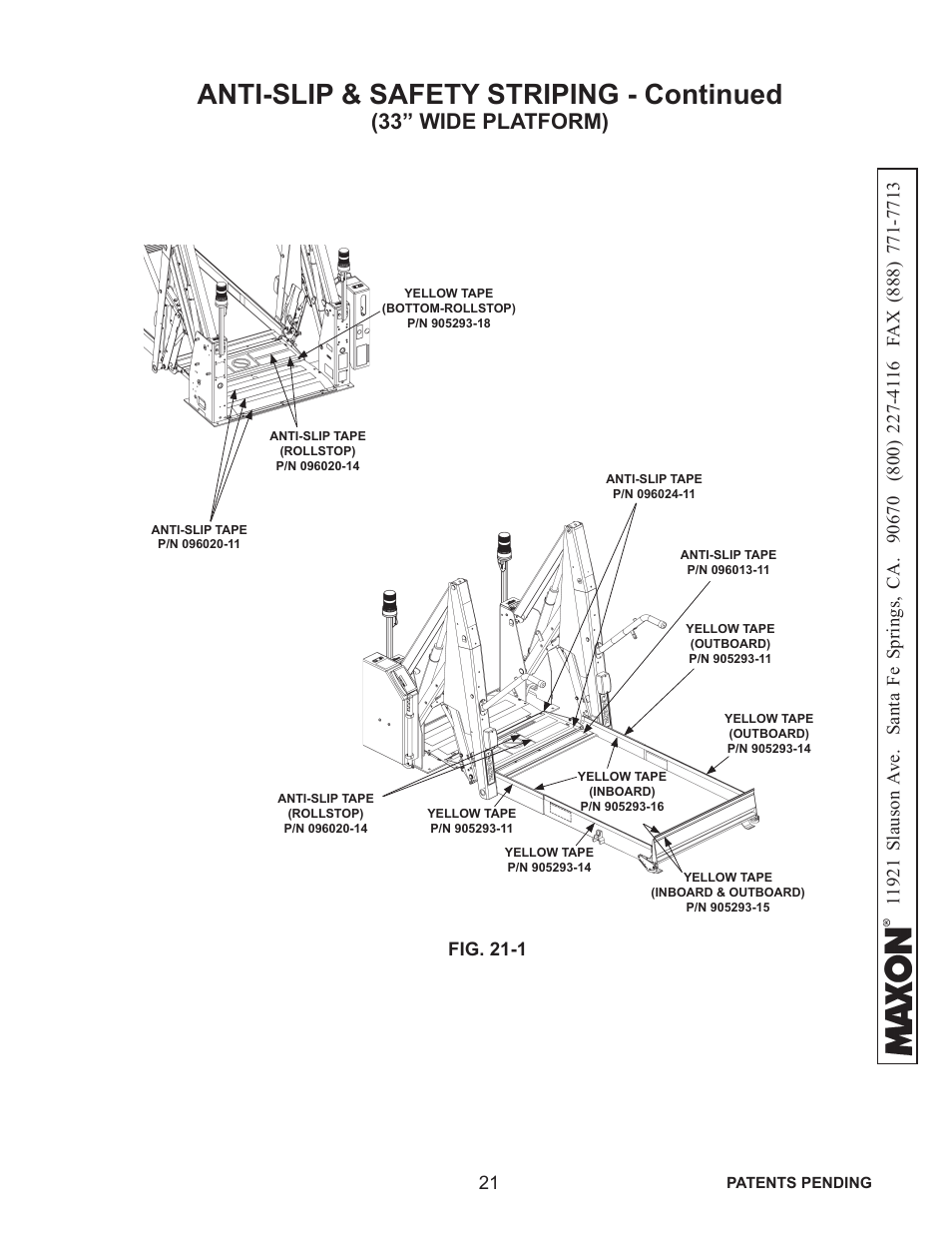 Anti-slip & safety striping - continued, 33” wide platform), Fig. 21-1 | Maxon Telecom WL7-VERS. C User Manual | Page 21 / 61