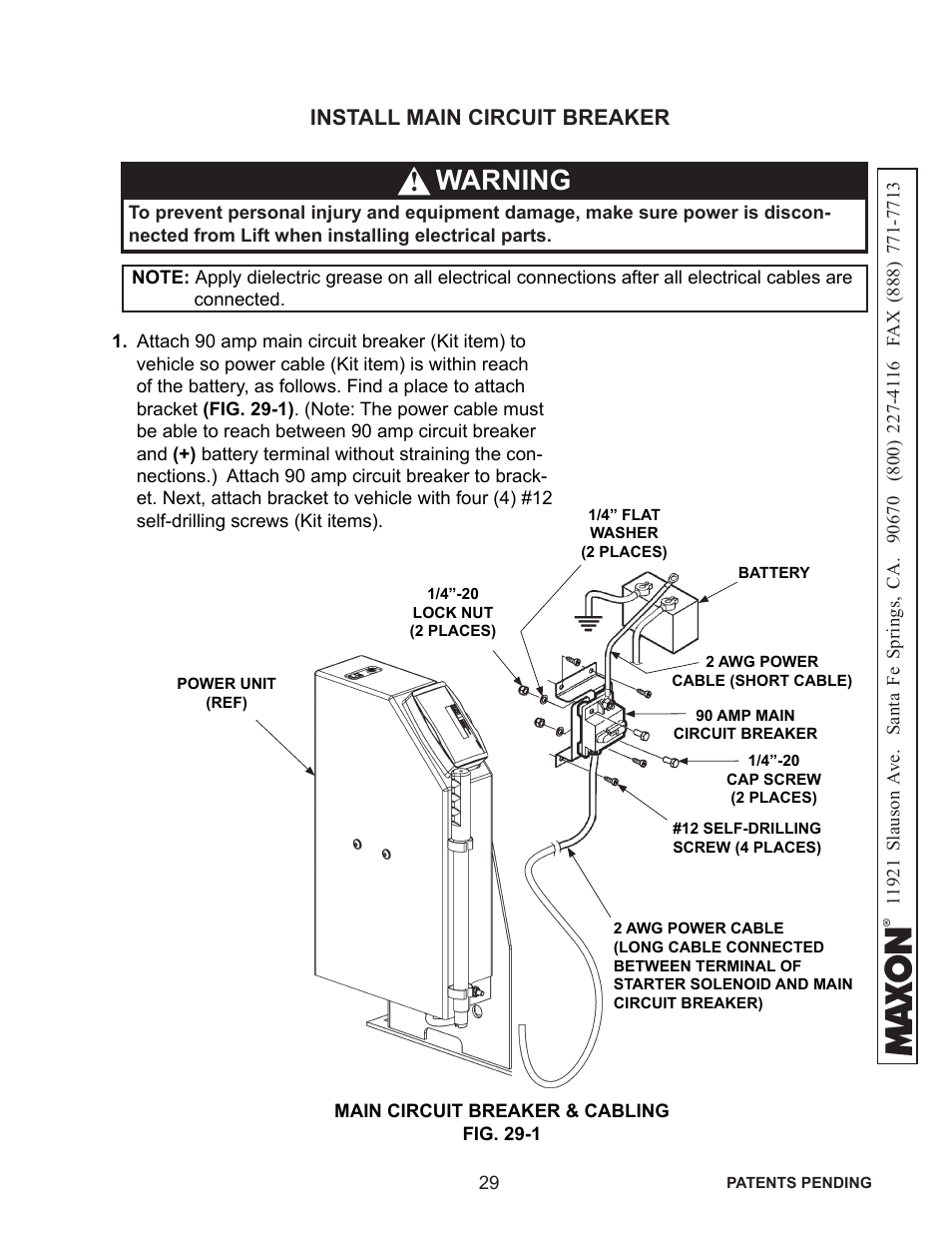 Warning, Install main circuit breaker | Maxon Telecom WL7-VERS. C User Manual | Page 29 / 61