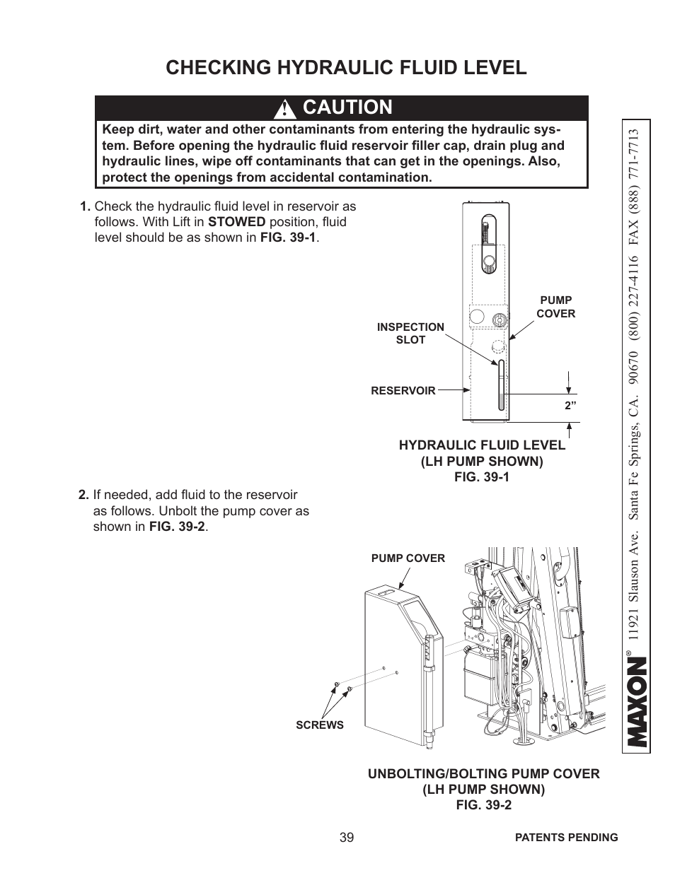 Checking hydraulic fluid level caution | Maxon Telecom WL7-VERS. C User Manual | Page 39 / 61