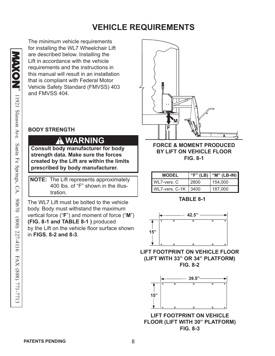 Vehicle requirements, Warning | Maxon Telecom WL7-VERS. C User Manual | Page 8 / 61