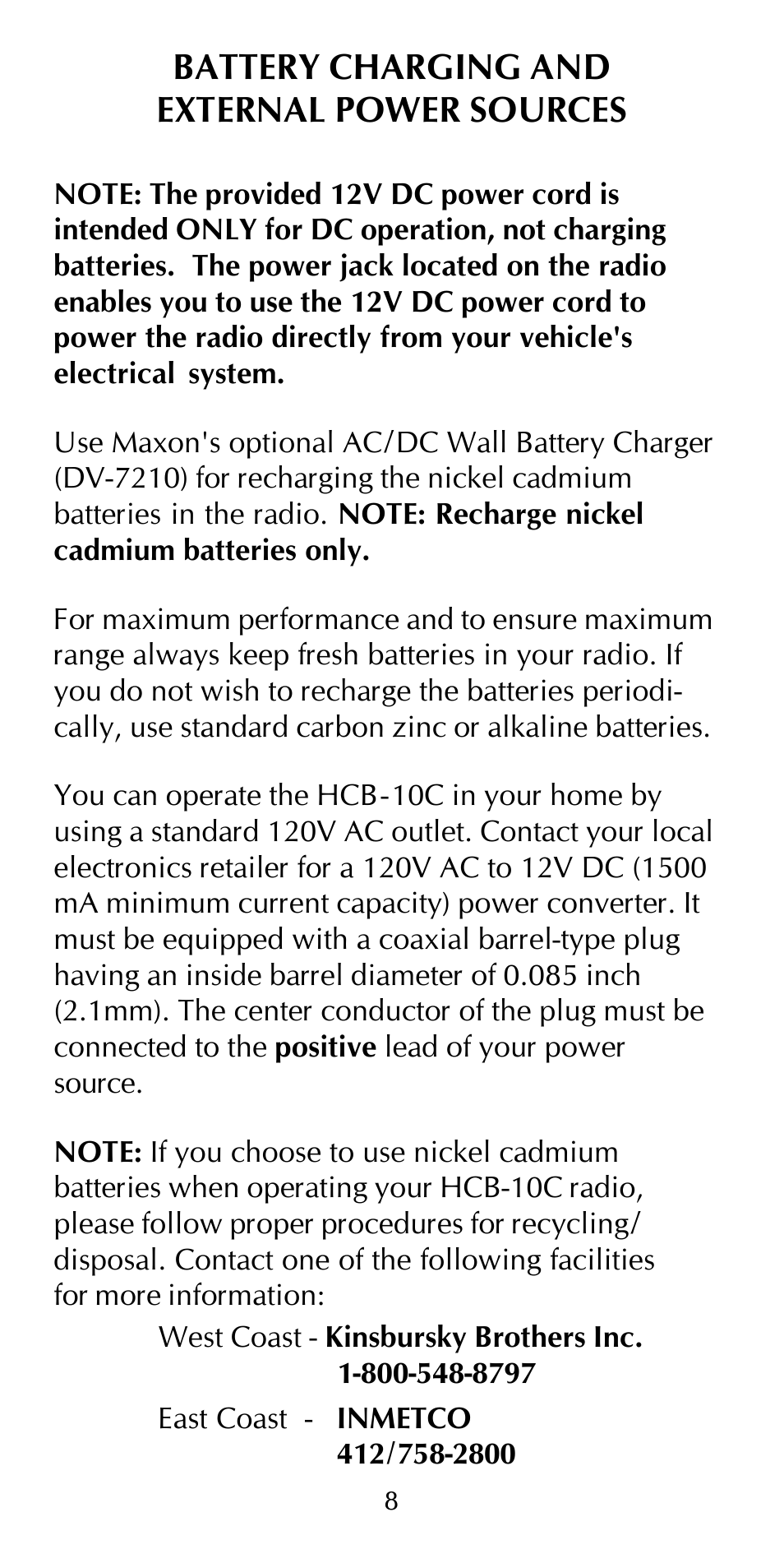 Battery charging and external power sources | Maxon Telecom HCB-10C User Manual | Page 12 / 36