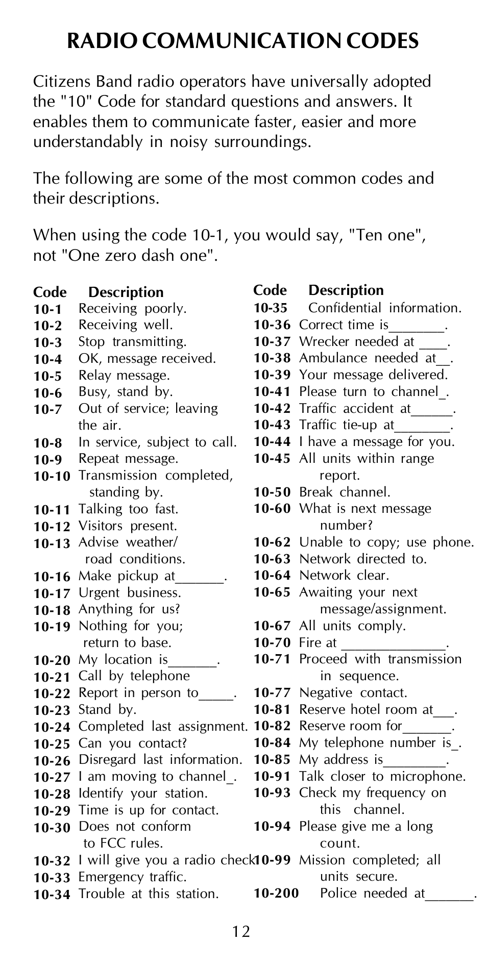 Radio communication codes | Maxon Telecom HCB-10C User Manual | Page 16 / 36