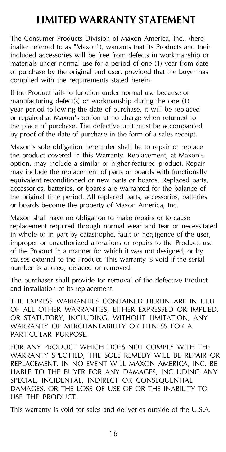 Limited warranty statement | Maxon Telecom HCB-10C User Manual | Page 20 / 36