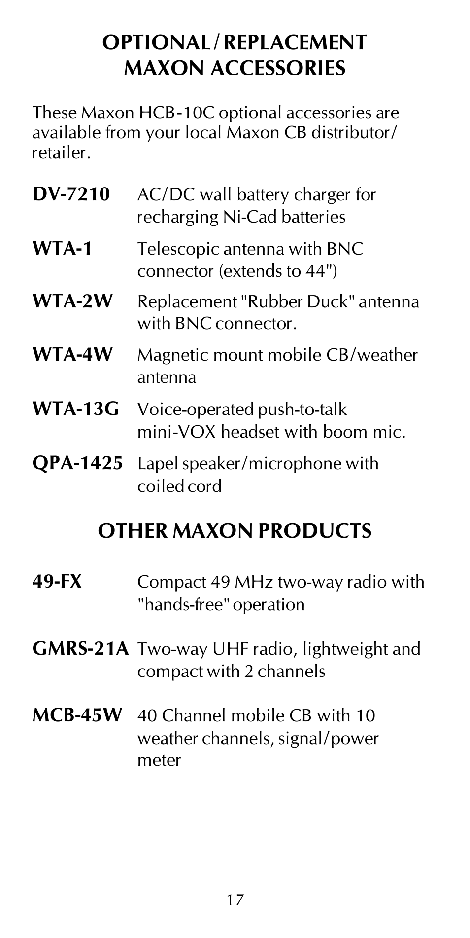 Optional / replacement maxon accessories, Other maxon products | Maxon Telecom HCB-10C User Manual | Page 21 / 36