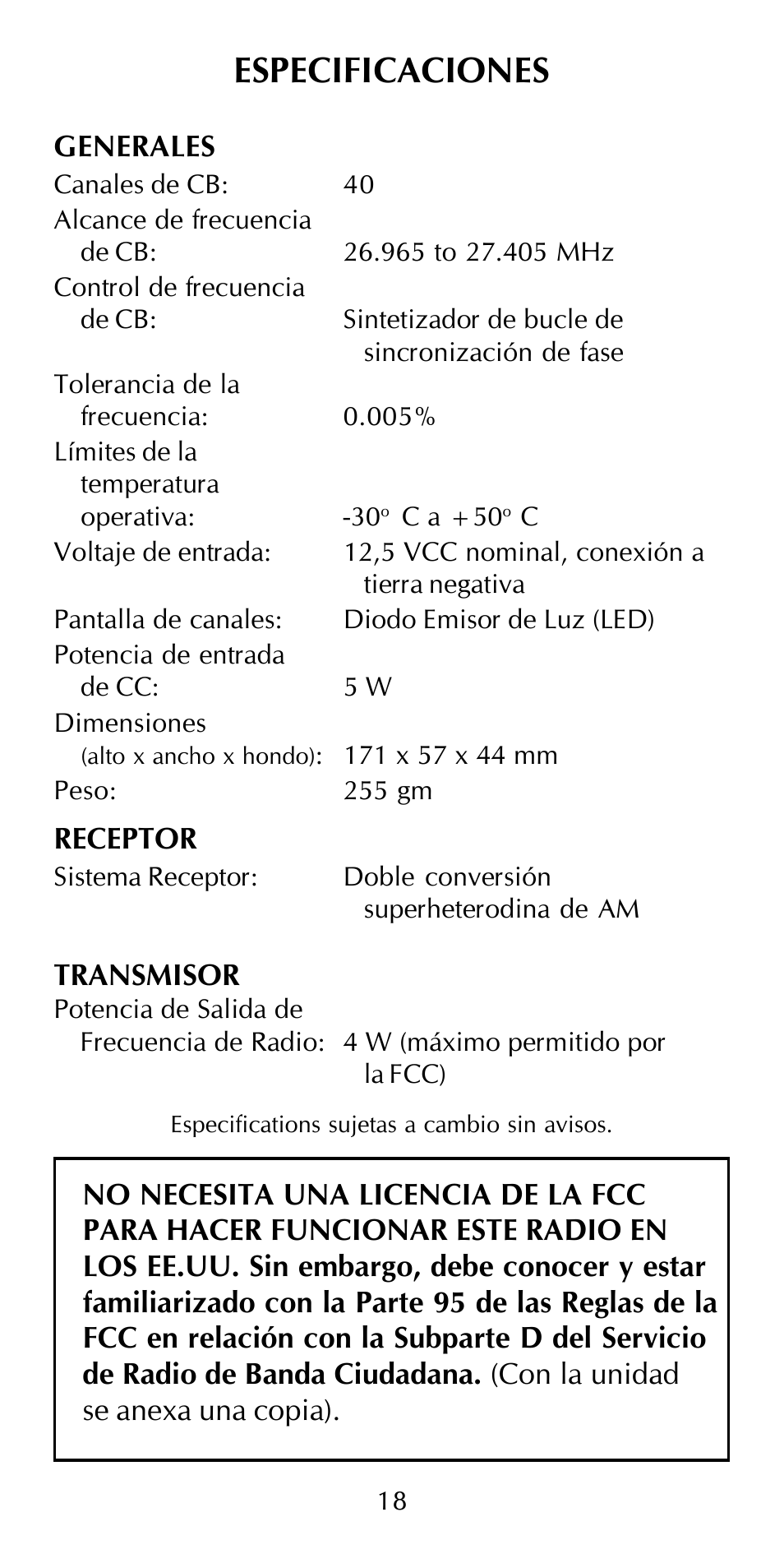Especificaciones | Maxon Telecom HCB-10C User Manual | Page 22 / 36