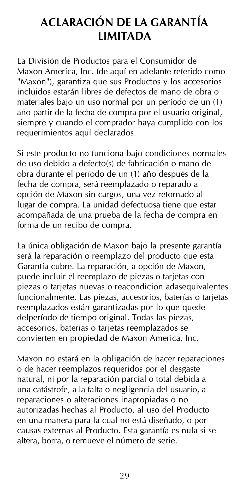 Aclaración de la garantía limitada | Maxon Telecom HCB-10C User Manual | Page 33 / 36