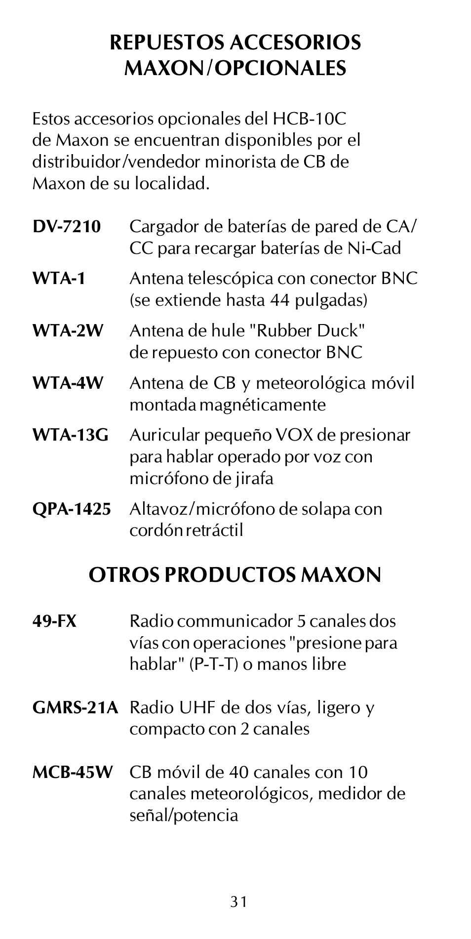 Repuestos accesorios maxon/opcionales, Otros productos maxon | Maxon Telecom HCB-10C User Manual | Page 35 / 36