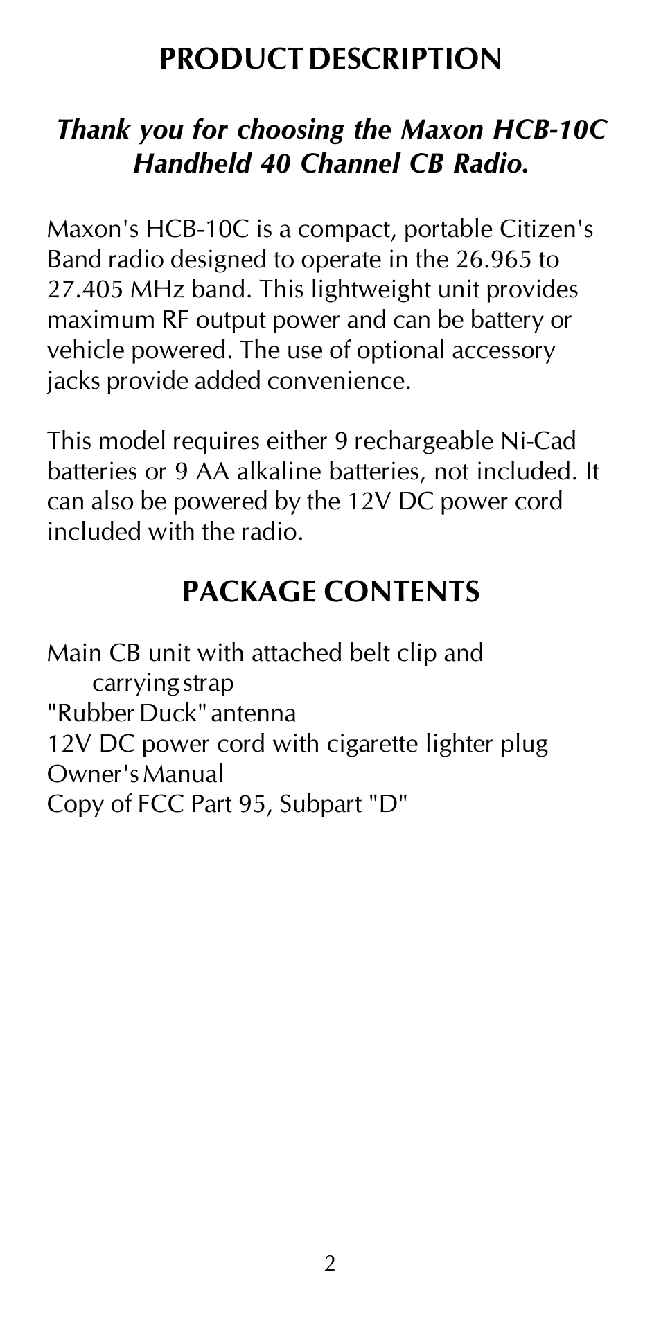 Product description, Package contents | Maxon Telecom HCB-10C User Manual | Page 6 / 36