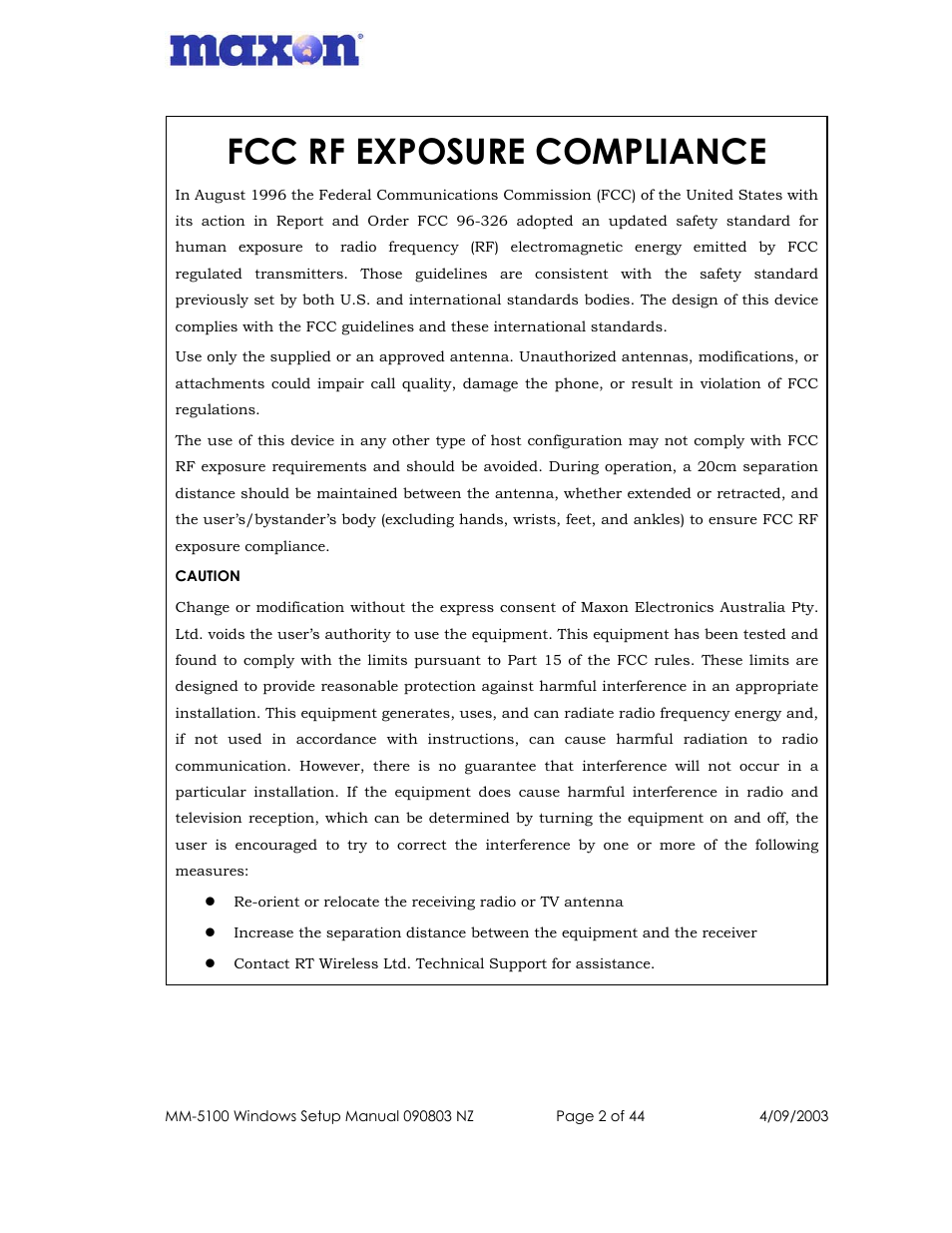 Fcc rf exposure compliance | Maxon Telecom MM-5100 User Manual | Page 2 / 44