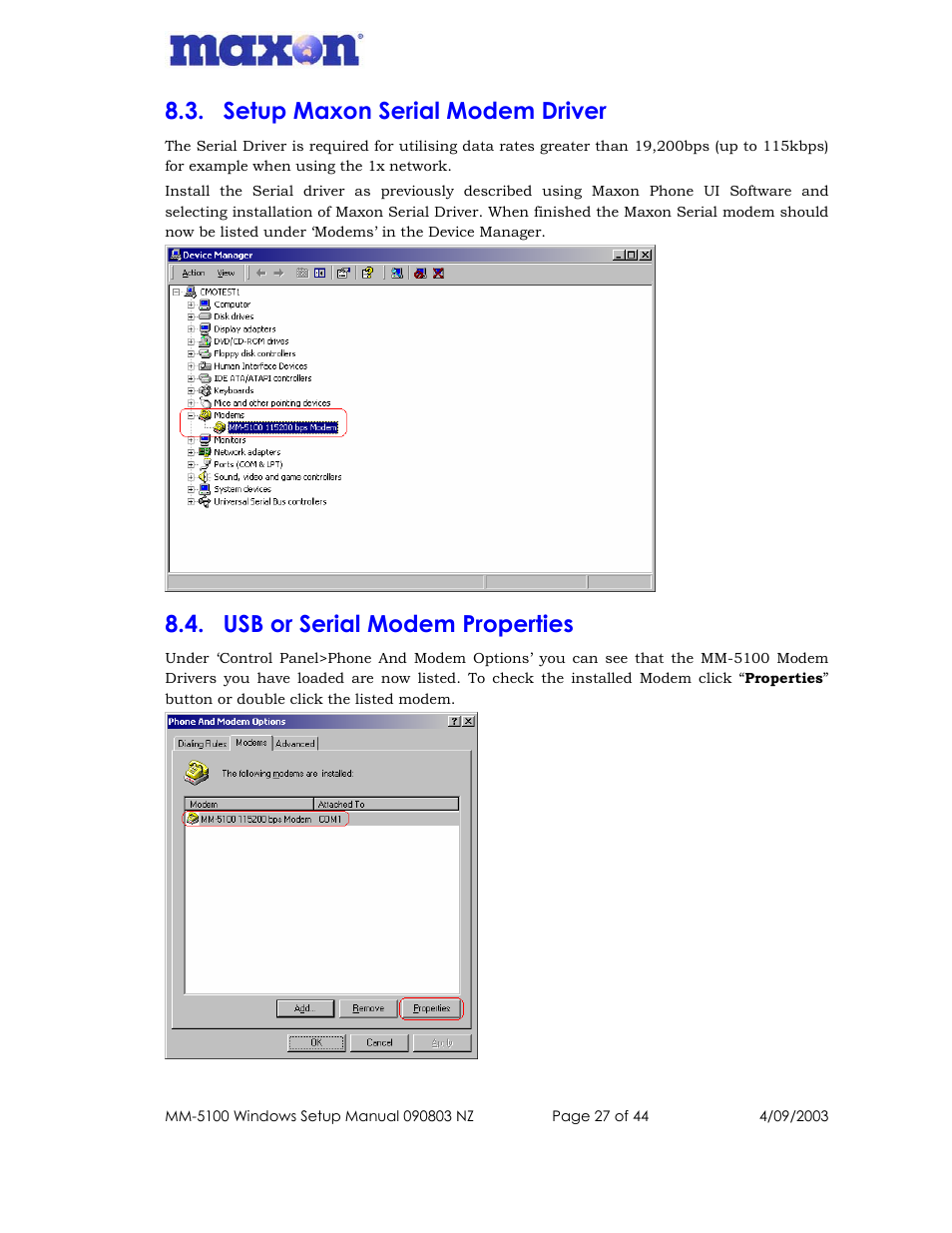 Setup maxon serial modem driver, Usb or serial modem properties | Maxon Telecom MM-5100 User Manual | Page 27 / 44