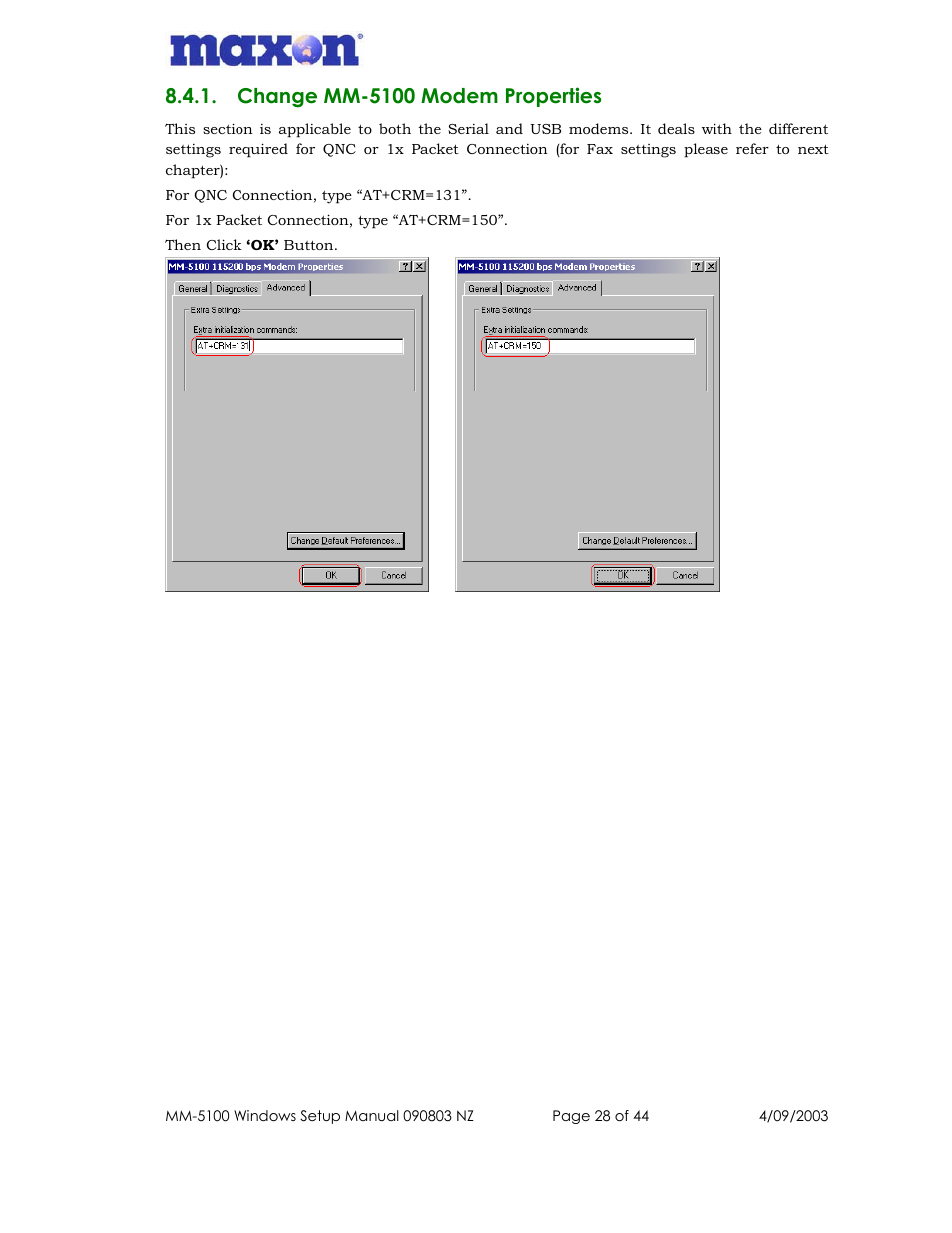 Change mm-5100 modem properties | Maxon Telecom MM-5100 User Manual | Page 28 / 44