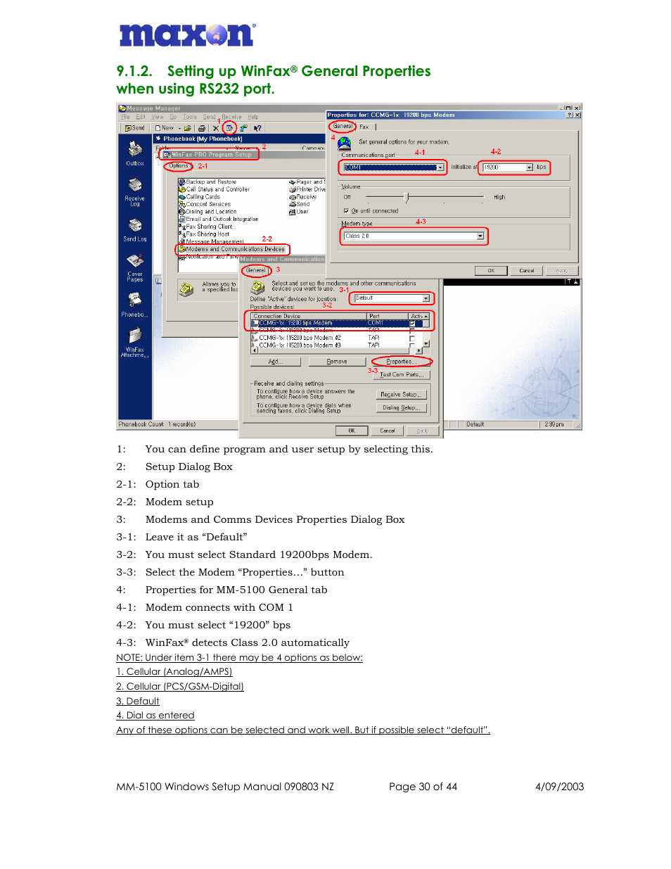 Setting up winfax, General properties when using rs232 port | Maxon Telecom MM-5100 User Manual | Page 30 / 44