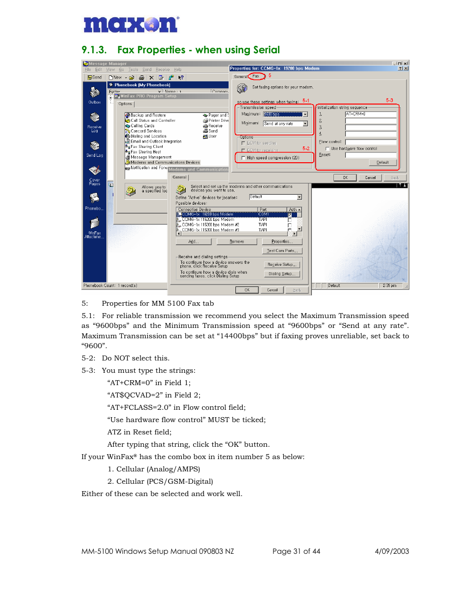 Fax properties - when using serial | Maxon Telecom MM-5100 User Manual | Page 31 / 44