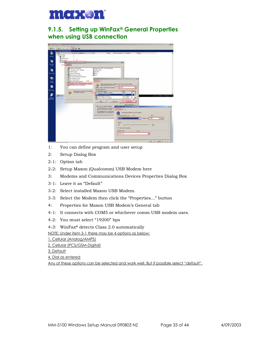 Setting up winfax, General properties when using usb connection | Maxon Telecom MM-5100 User Manual | Page 33 / 44