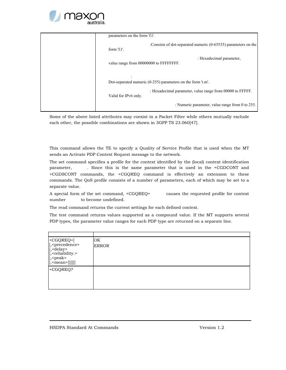 Quality of service profile (requested) +cgqreq | Maxon Telecom MODMAX MM-6280IND User Manual | Page 44 / 61