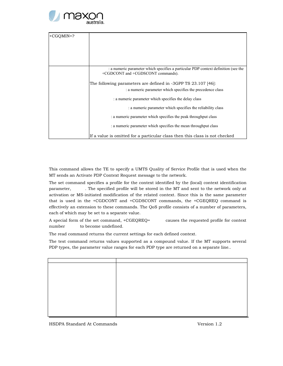 3g quality of service profile (requested) +cgeqreq | Maxon Telecom MODMAX MM-6280IND User Manual | Page 46 / 61