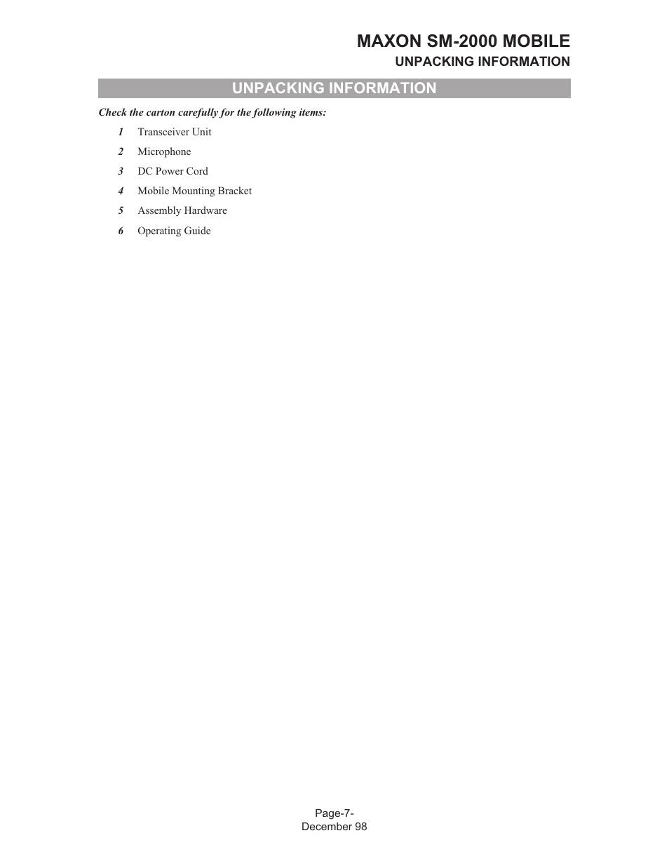 Maxon sm-2000 mobile, Unpacking information | Maxon Telecom FM Mobile radio SM-2000 User Manual | Page 11 / 74