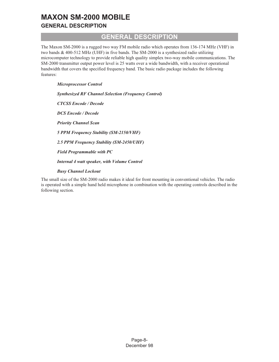 Maxon sm-2000 mobile, General description | Maxon Telecom FM Mobile radio SM-2000 User Manual | Page 12 / 74