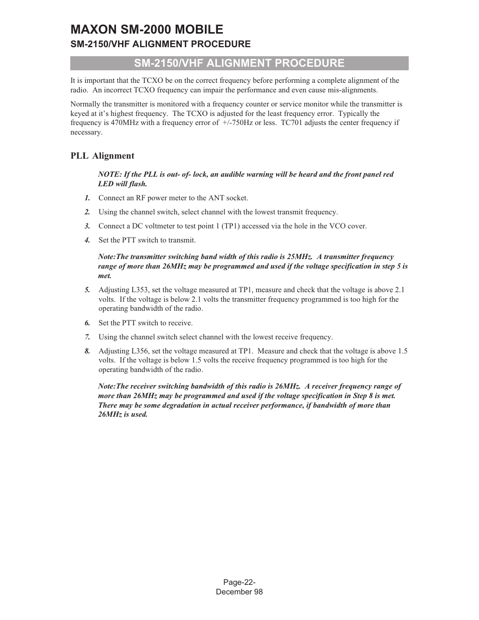 Maxon sm-2000 mobile, Sm-2150/vhf alignment procedure | Maxon Telecom FM Mobile radio SM-2000 User Manual | Page 26 / 74