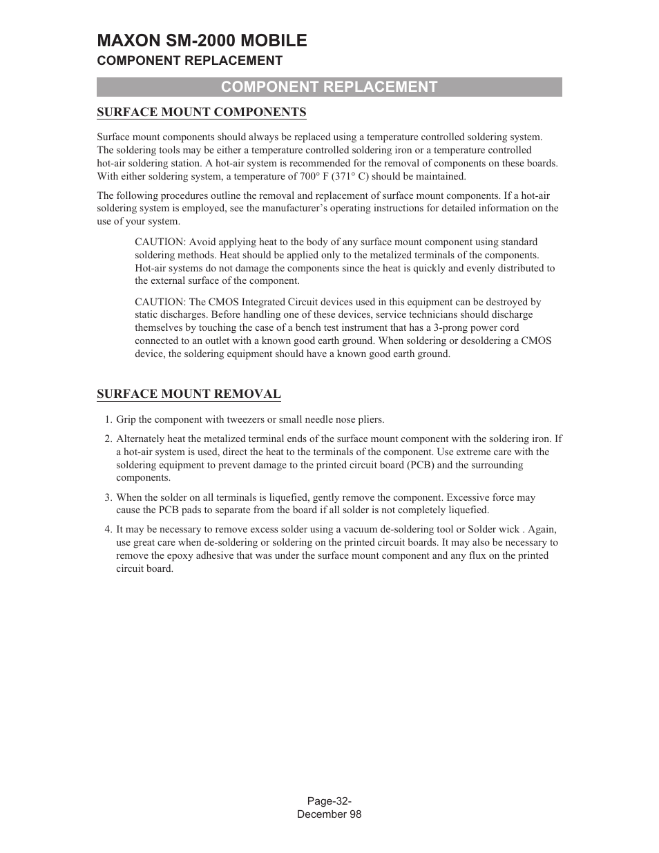 Maxon sm-2000 mobile, Component replacement | Maxon Telecom FM Mobile radio SM-2000 User Manual | Page 36 / 74