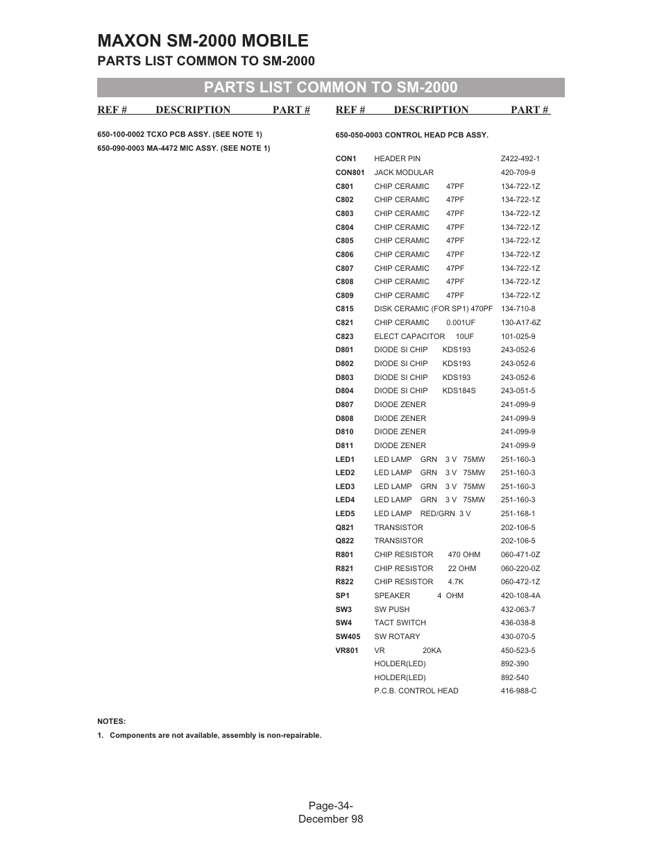 Maxon sm-2000 mobile, Parts list common to sm-2000, Page-34- december 98 ref # description part | Ref # description part | Maxon Telecom FM Mobile radio SM-2000 User Manual | Page 38 / 74