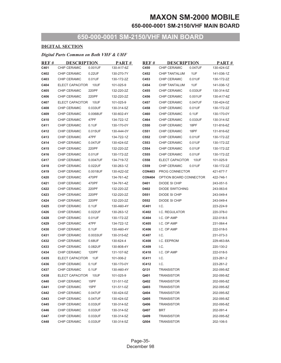 Maxon sm-2000 mobile, Page-35- december 98 ref # description part, Ref # description part | Maxon Telecom FM Mobile radio SM-2000 User Manual | Page 39 / 74