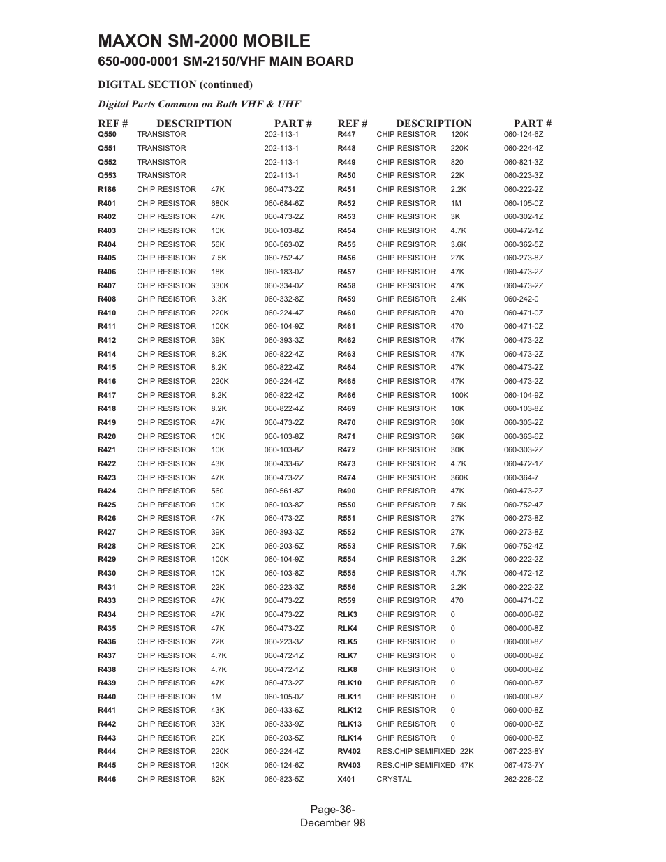 Maxon sm-2000 mobile, Page-36- december 98 ref # description part, Ref # description part | Maxon Telecom FM Mobile radio SM-2000 User Manual | Page 40 / 74