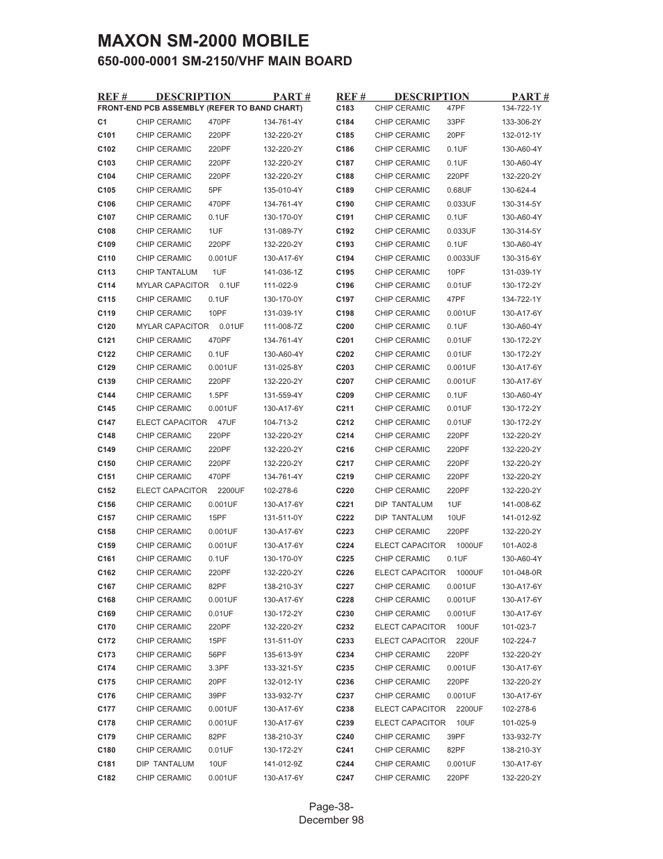 Maxon sm-2000 mobile, Page-38- december 98 ref # description part, Ref # description part | Maxon Telecom FM Mobile radio SM-2000 User Manual | Page 42 / 74