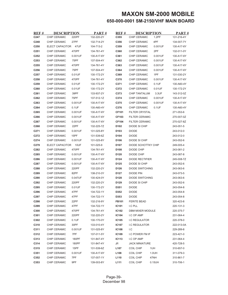 Maxon sm-2000 mobile, Page-39- december 98 ref # description part, Ref # description part | Maxon Telecom FM Mobile radio SM-2000 User Manual | Page 43 / 74