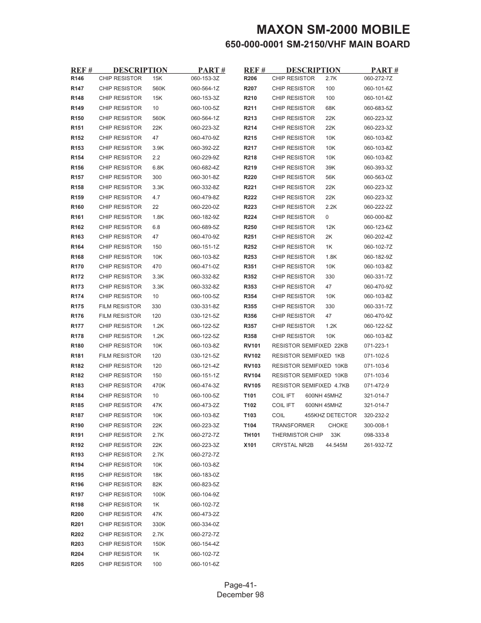 Maxon sm-2000 mobile, Page-41- december 98 ref # description part, Ref # description part | Maxon Telecom FM Mobile radio SM-2000 User Manual | Page 45 / 74