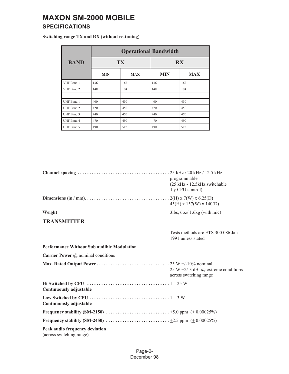 Maxon sm-2000 mobile, Transmitter, Specifications | Band operational bandwidth tx rx | Maxon Telecom FM Mobile radio SM-2000 User Manual | Page 6 / 74