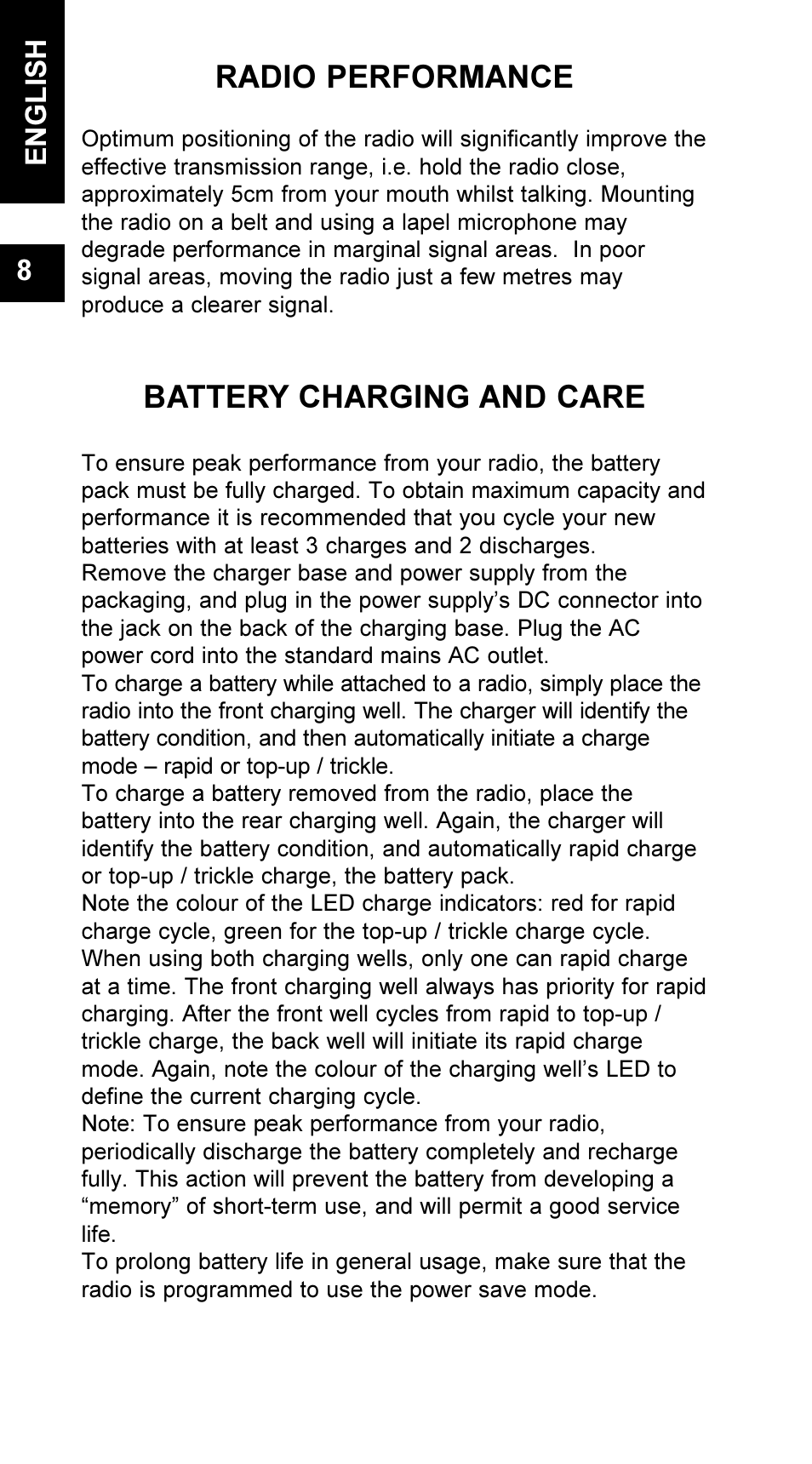 Radio performance, Battery charging and care, English 8 | Maxon Telecom UM-SL55 User Manual | Page 10 / 79