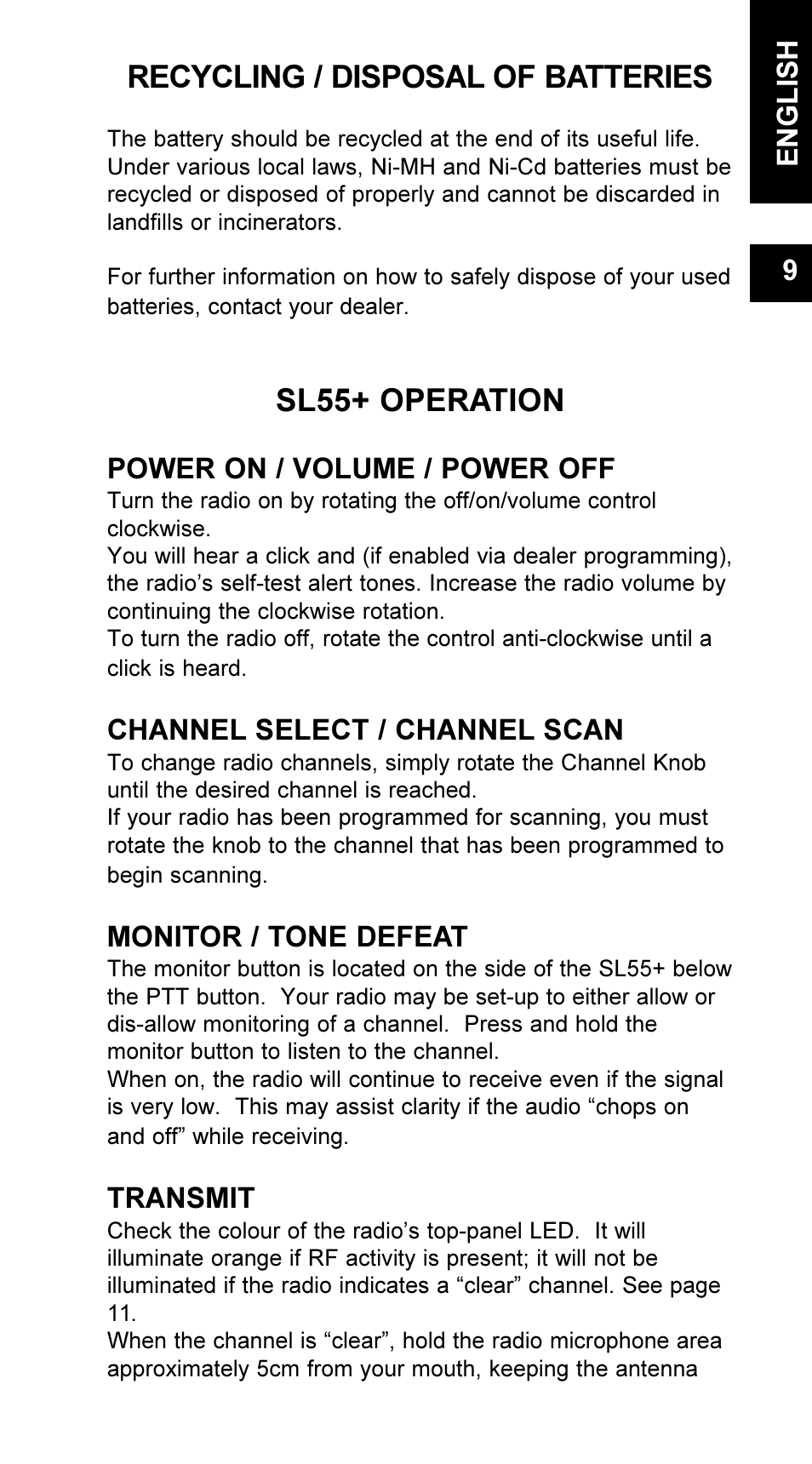 Recycling / disposal of batteries, Sl55+ operation, Power on / volume / power off | Channel select / channel scan, Monitor / tone defeat, Transmit, English 9 | Maxon Telecom UM-SL55 User Manual | Page 11 / 79