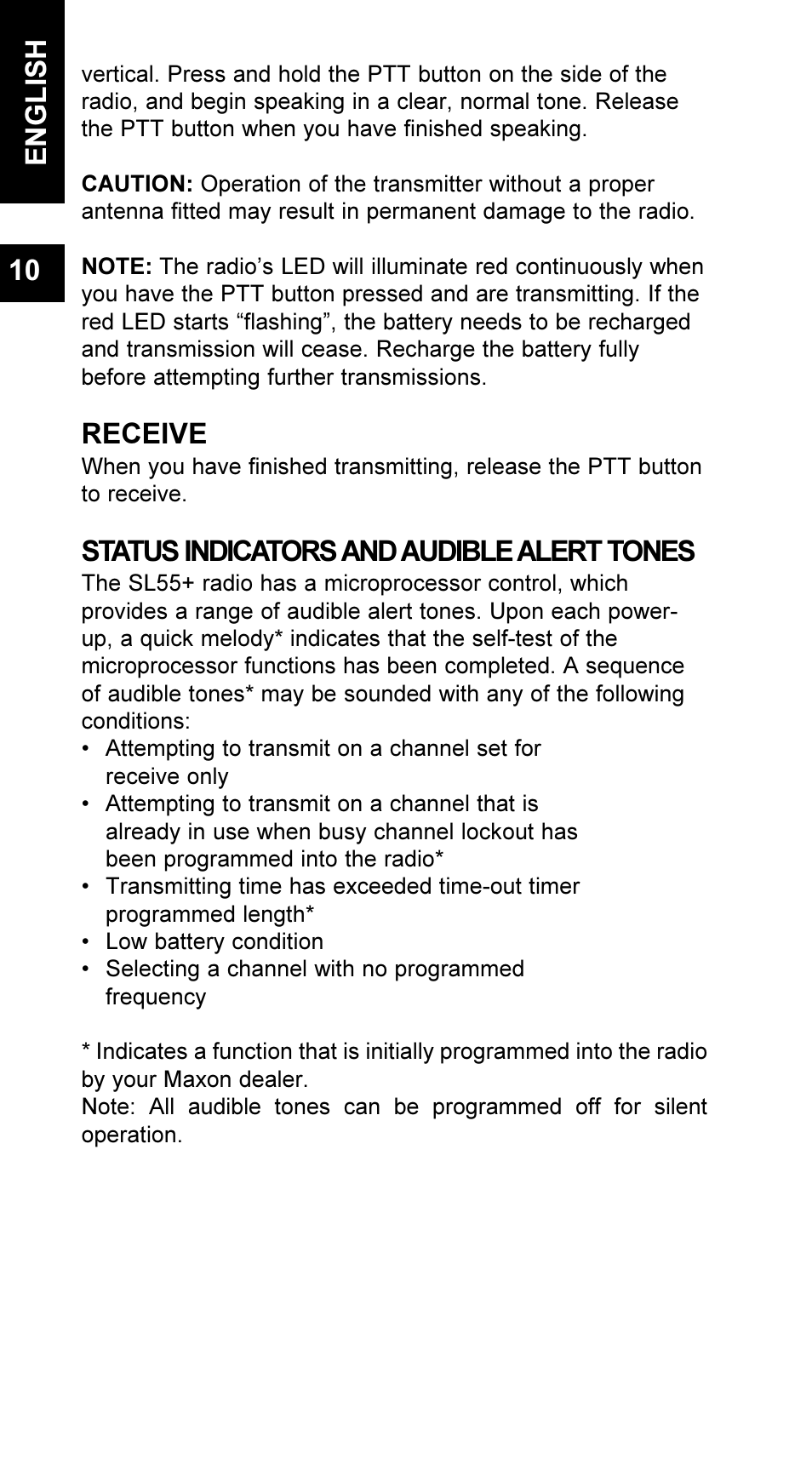 Receive, Status indicators and audible alert tones, English 10 | Maxon Telecom UM-SL55 User Manual | Page 12 / 79