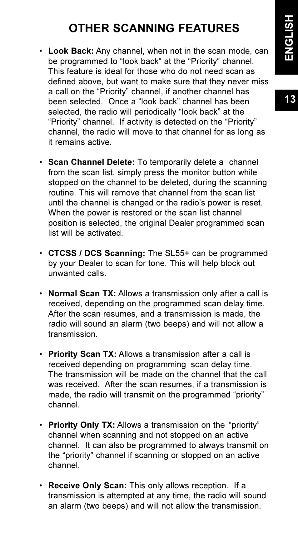 Other scanning features, English 13 | Maxon Telecom UM-SL55 User Manual | Page 15 / 79