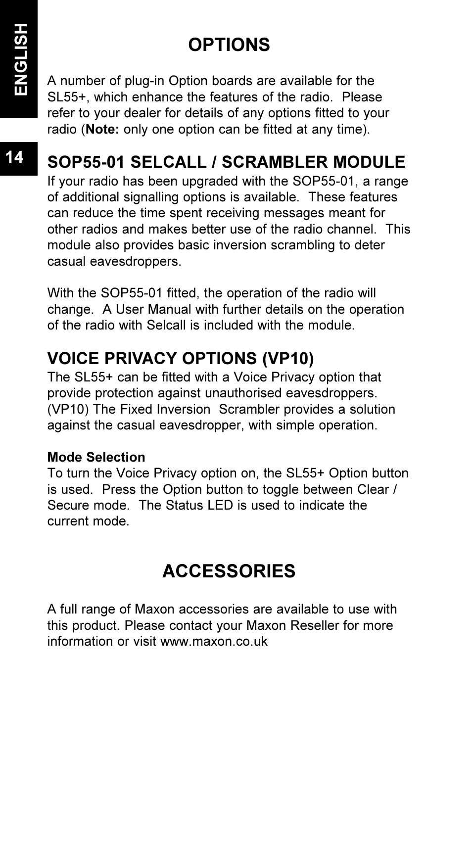 Options, Accessories, Sop55-01 selcall / scrambler module | Voice privacy options (vp10), English 14 | Maxon Telecom UM-SL55 User Manual | Page 16 / 79