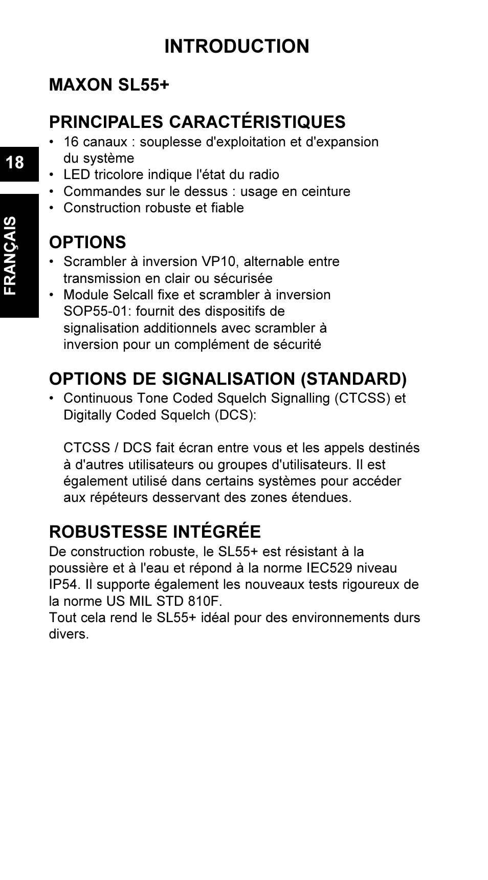 Introduction, Maxon sl55+ principales caractéristiques, Options | Options de signalisation (standard), Robustesse intégrée | Maxon Telecom UM-SL55 User Manual | Page 20 / 79