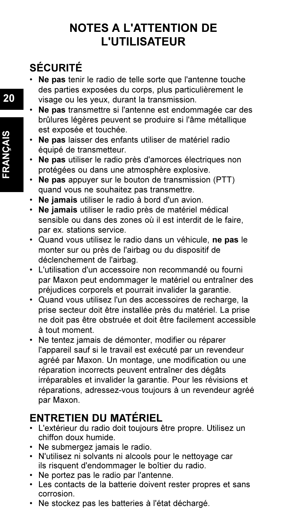 Sécurité, Entretien du matériel | Maxon Telecom UM-SL55 User Manual | Page 22 / 79