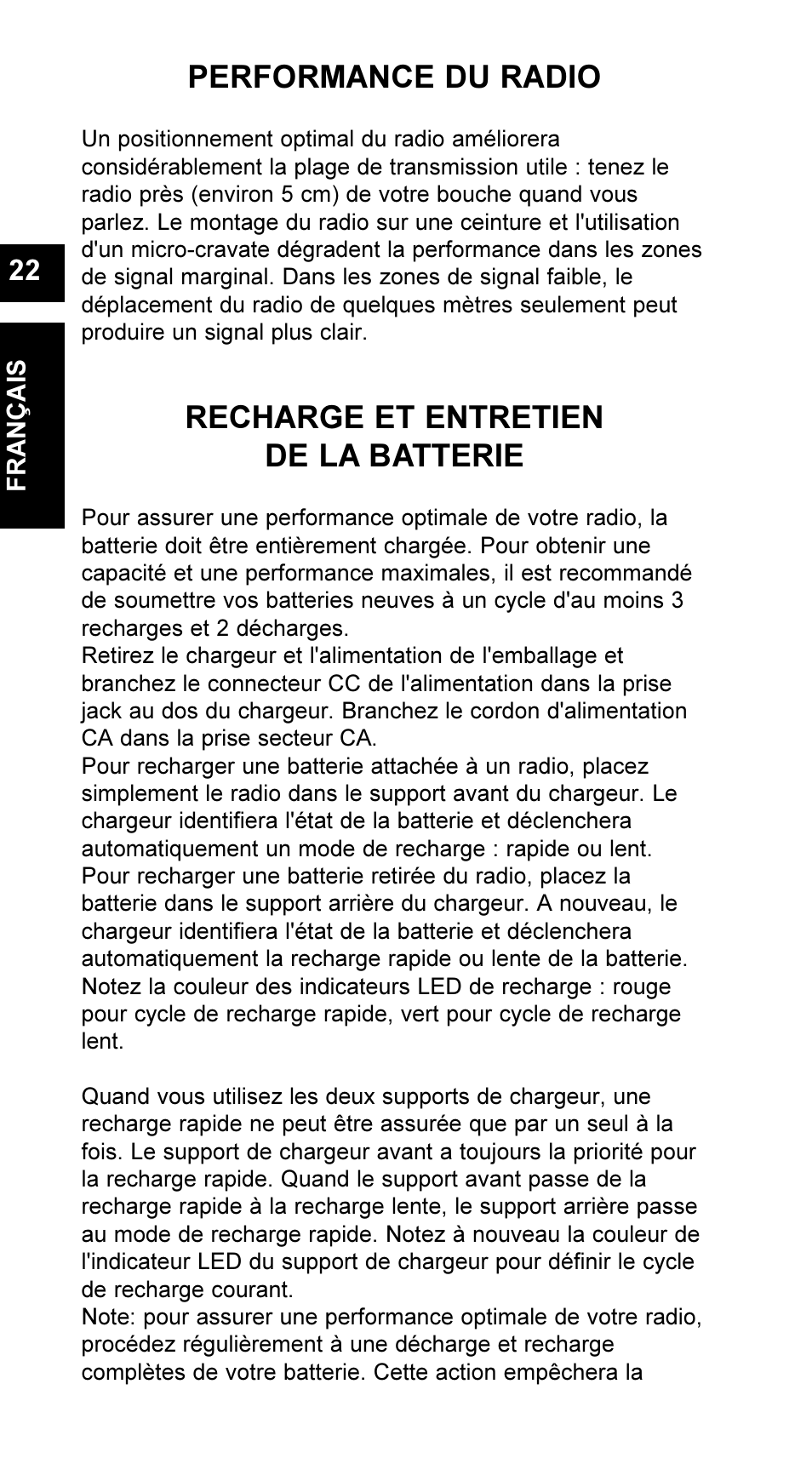 Performance du radio, Recharge et entretien de la batterie | Maxon Telecom UM-SL55 User Manual | Page 24 / 79