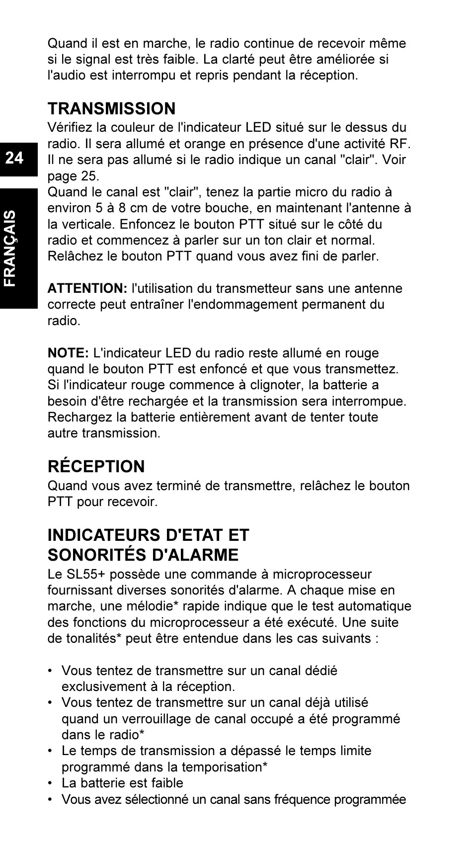 Transmission, Réception, Indicateurs d'etat et sonorités d'alarme | Maxon Telecom UM-SL55 User Manual | Page 26 / 79