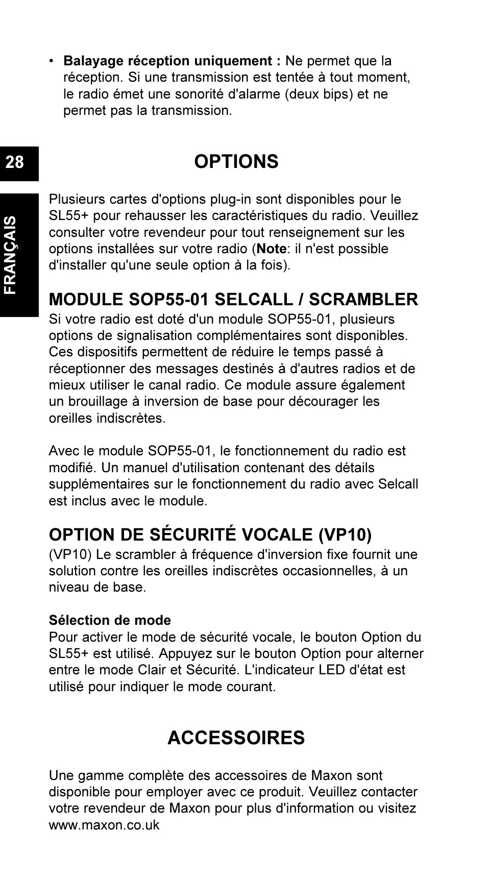 Options, Accessoires, Module sop55-01 selcall / scrambler | Option de sécurité vocale (vp10) | Maxon Telecom UM-SL55 User Manual | Page 30 / 79