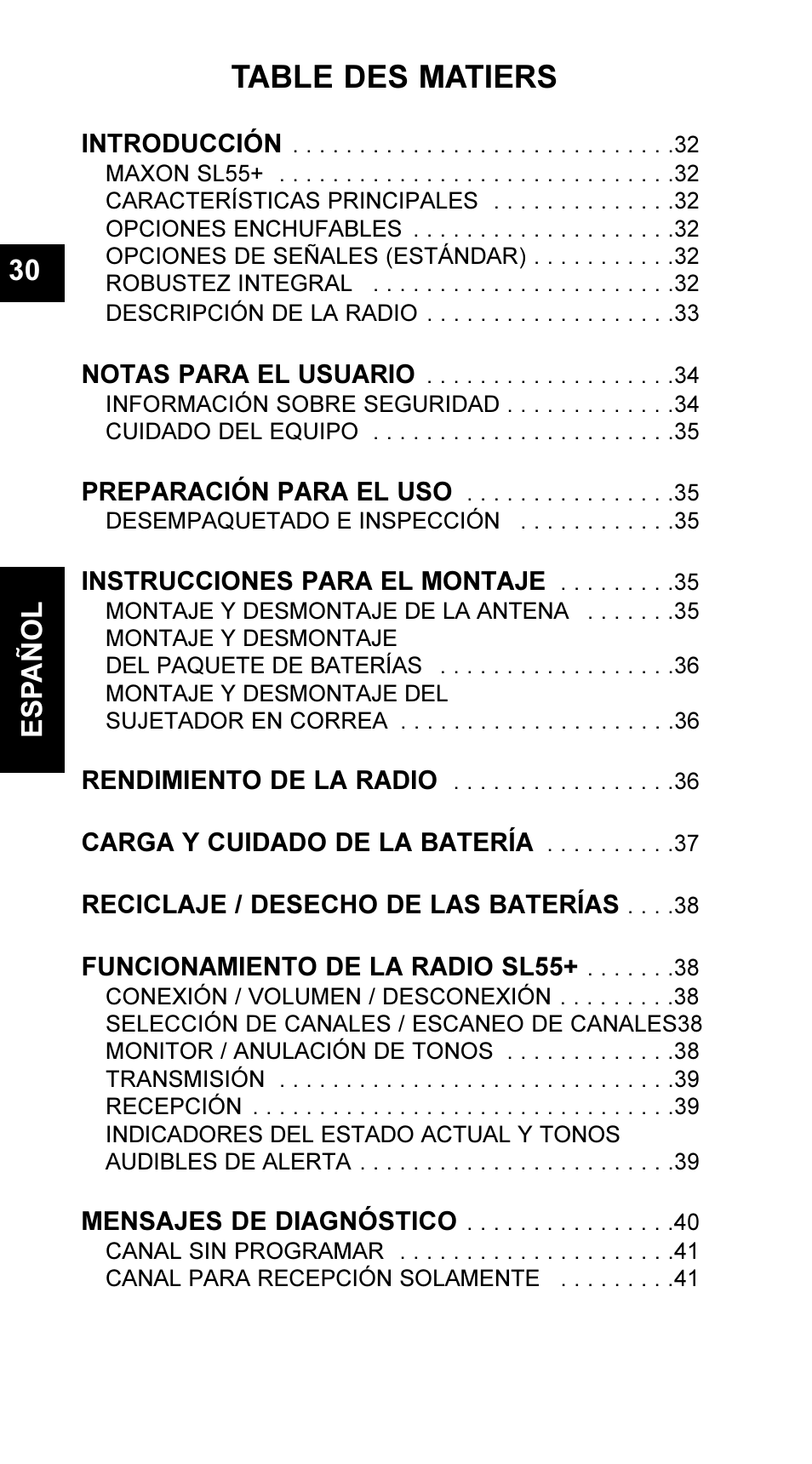 Table des matiers, Es pañol 30 | Maxon Telecom UM-SL55 User Manual | Page 32 / 79