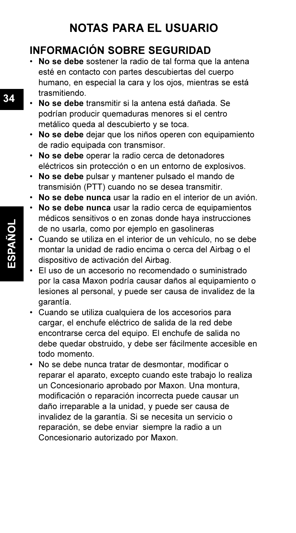 Notas para el usuario, Información sobre seguridad, Es pañol 34 | Maxon Telecom UM-SL55 User Manual | Page 36 / 79